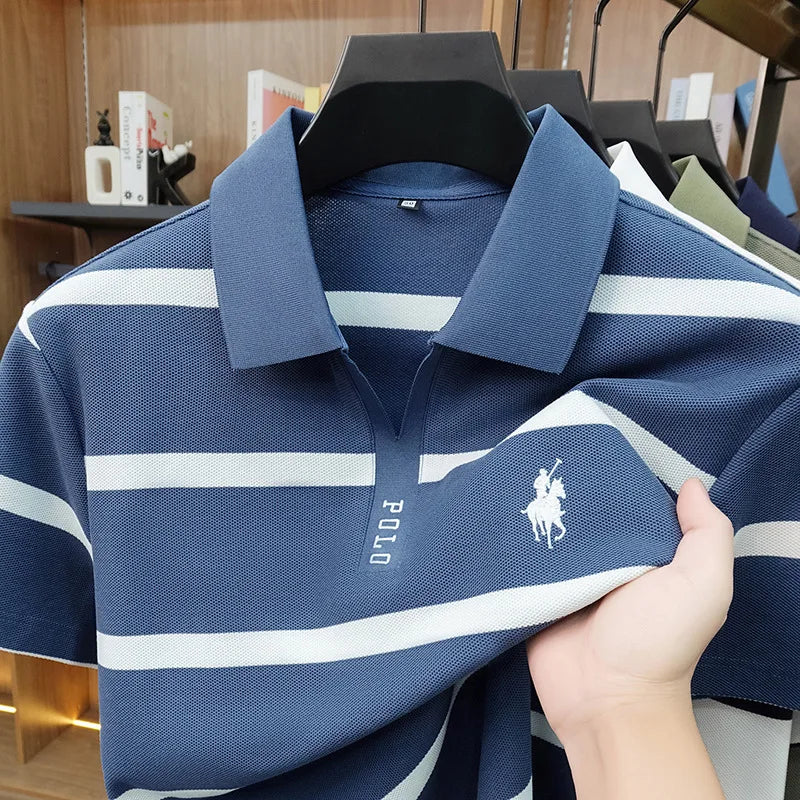 New Summer High-end Men's Embroidered Cotton Polo Shirt, Striped Lapel Short Sleeve, Young Casual Versatile Base T-shirt Tops
