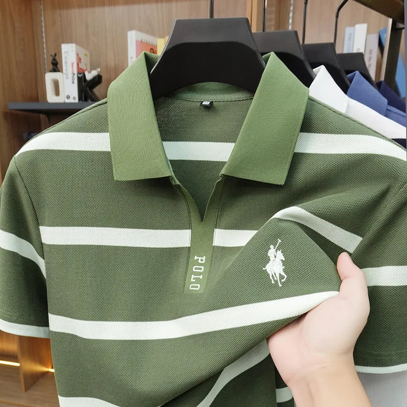 New Summer High-end Men's Embroidered Cotton Polo Shirt, Striped Lapel Short Sleeve, Young Casual Versatile Base T-shirt Tops
