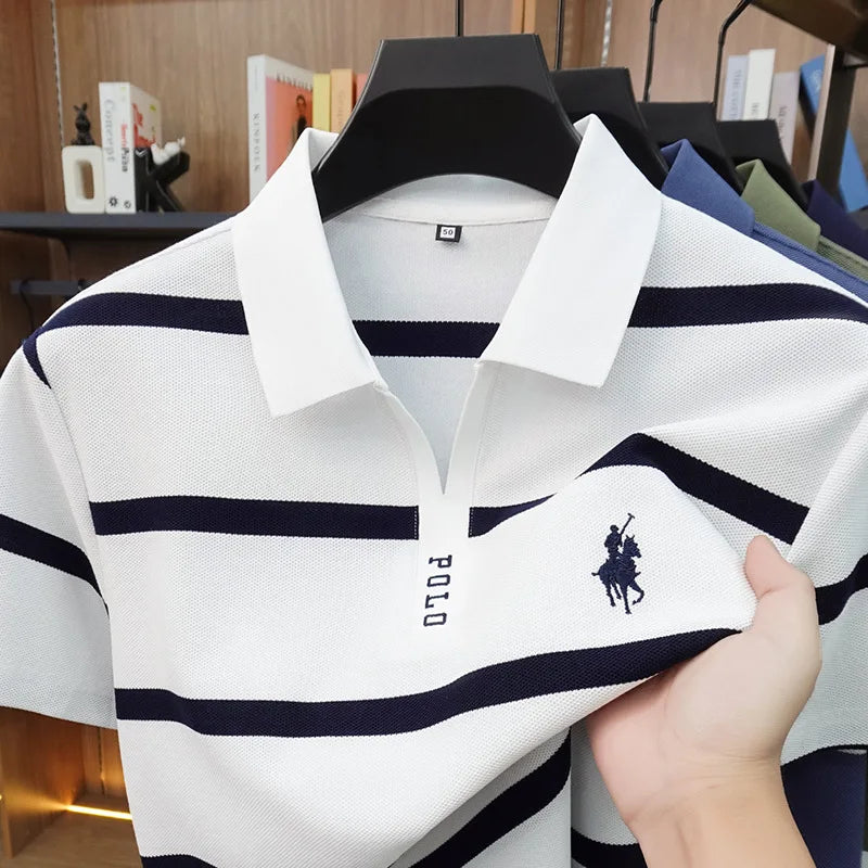 New Summer High-end Men's Embroidered Cotton Polo Shirt, Striped Lapel Short Sleeve, Young Casual Versatile Base T-shirt Tops