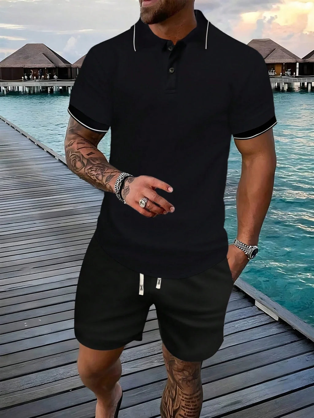 Men's Black Polo Shirt And Shorts Set Casual Summer Sportswear Short Sleeve Drawstring Waist