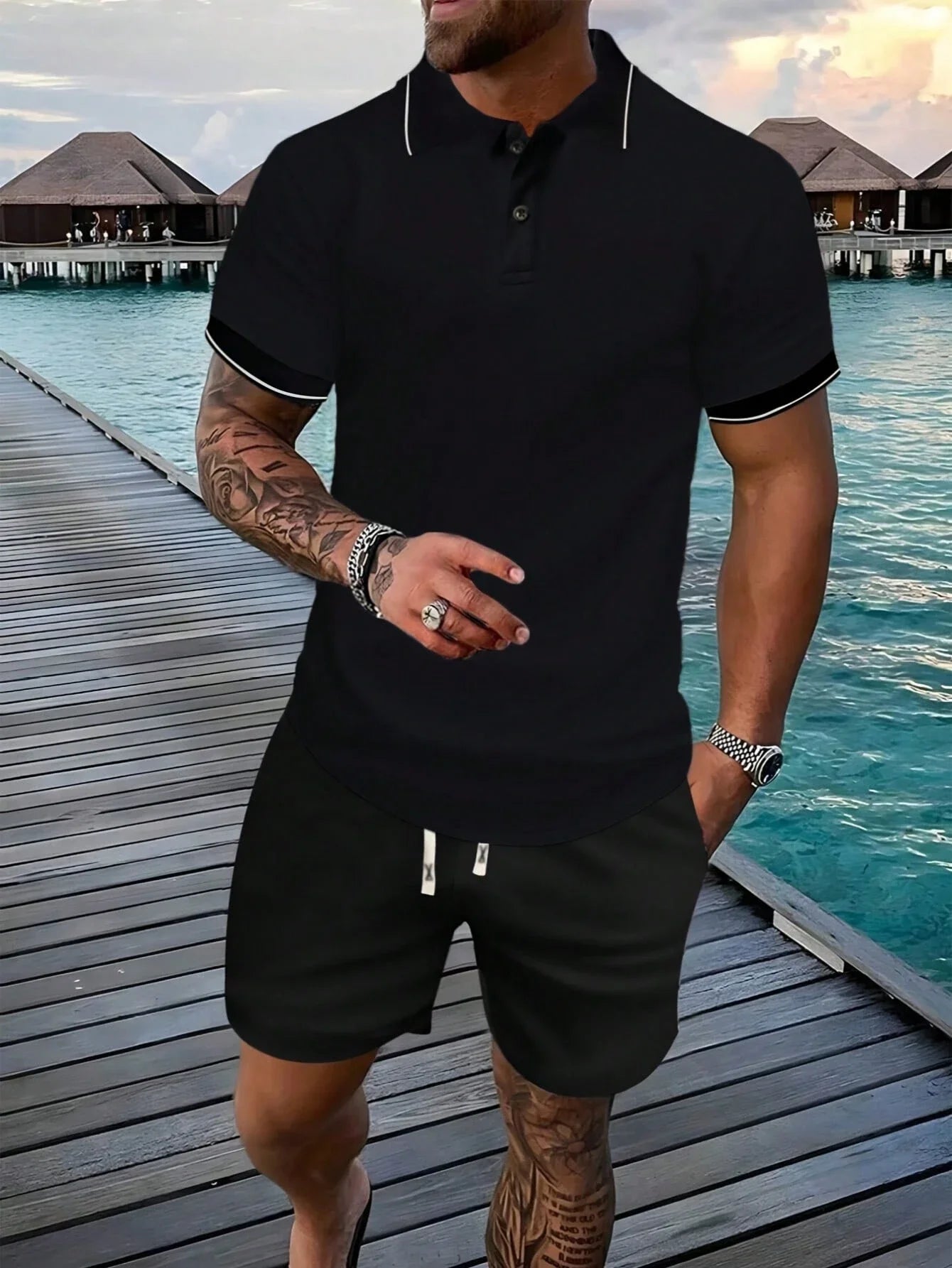 Men's Black Polo Shirt And Shorts Set Casual Summer Sportswear Short Sleeve Drawstring Waist